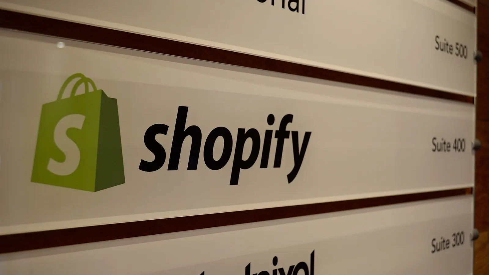 The Shopify sign in the lobby directory of its Toronto office